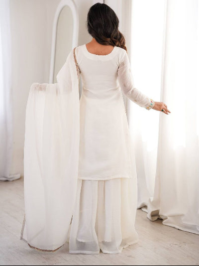 White Full Sleeves Modest Sharara Palazzo Suit Set