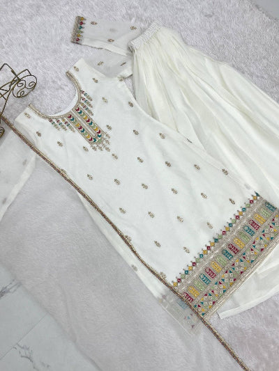 White Full Sleeves Modest Sharara Palazzo Suit Set