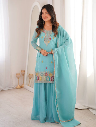 Sky Blue Full Sleeves Modest Sharara Palazzo Suit Set