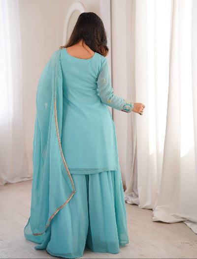 Sky Blue Full Sleeves Modest Sharara Palazzo Suit Set