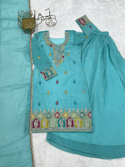 Sky Blue Full Sleeves Modest Sharara Palazzo Suit Set