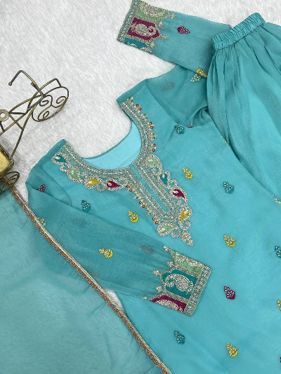 Sky Blue Full Sleeves Modest Sharara Palazzo Suit Set