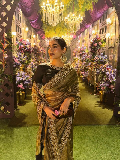 Earthy Green Designer Saree with Unstitched Blouse