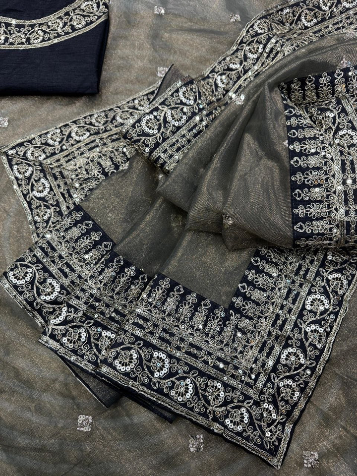 Earthy Green Designer Saree with Unstitched Blouse