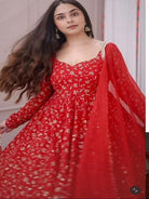 Elegant Red Georgette Anarkali Gown Set with Golden Embroidery - BONYHUBSALWAR KAMEEZ