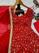 Elegant Red Georgette Anarkali Gown Set with Golden Embroidery - BONYHUBSALWAR KAMEEZ