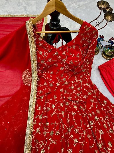 Elegant Red Georgette Anarkali Gown Set with Golden Embroidery - BONYHUBSALWAR KAMEEZ