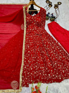 Elegant Red Georgette Anarkali Gown Set with Golden Embroidery - BONYHUBSALWAR KAMEEZ