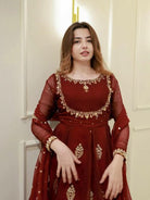 Maroon Designer Embroidered Gown Dupatta Set Of 2 - BONYHUBSALWAR KAMEEZ