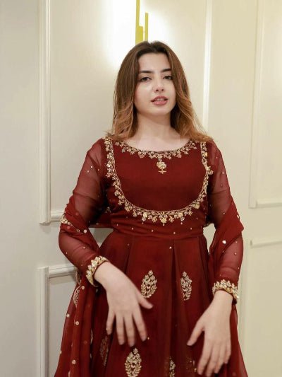 Maroon Designer Embroidered Gown Dupatta Set Of 2 - BONYHUBSALWAR KAMEEZ
