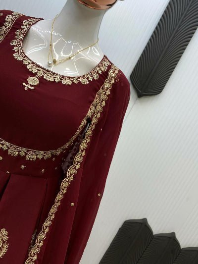 Maroon Designer Embroidered Gown Dupatta Set Of 2 - BONYHUBSALWAR KAMEEZ