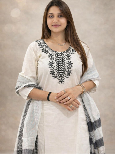 White Khadi Cotton Embroidery Straight Suit