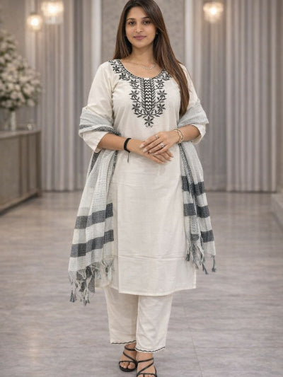 White Khadi Cotton Embroidery Straight Suit