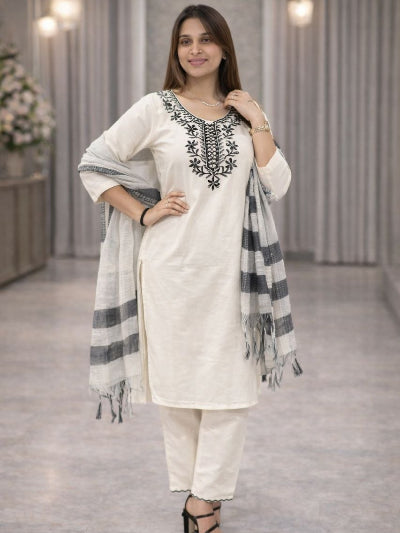 White Khadi Cotton Embroidery Straight Suit