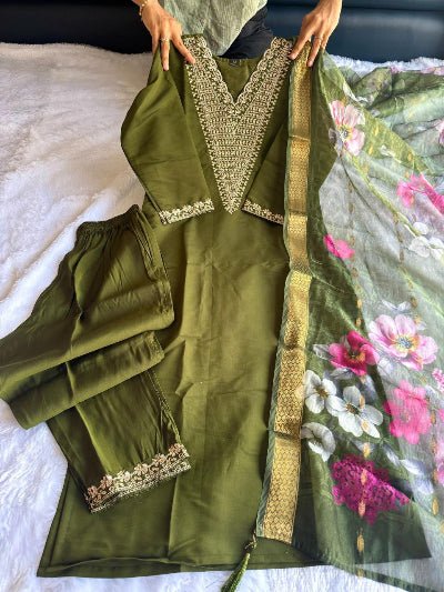 Olive Green Roman Silk Straight Suit Set - BONYHUBSALWAR KAMEEZ