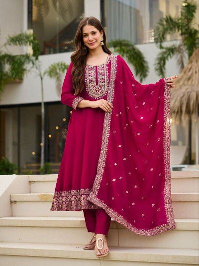 Maroon Vichitra Silk Embroidery Work Anarkali Suit - BONYHUBSALWAR KAMEEZ