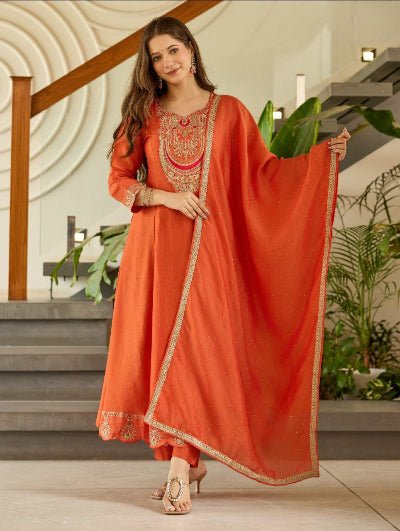 Rust Orange Vichitra Silk Embroidery Work Anarkali Suit - BONYHUBSALWAR KAMEEZ