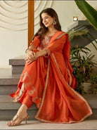 Rust Orange Vichitra Silk Embroidery Work Anarkali Suit - BONYHUBSALWAR KAMEEZ