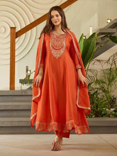 Rust Orange Vichitra Silk Embroidery Work Anarkali Suit - BONYHUBSALWAR KAMEEZ