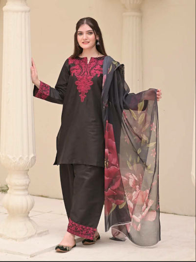 Black Red Embroidery Work Farshi Suit