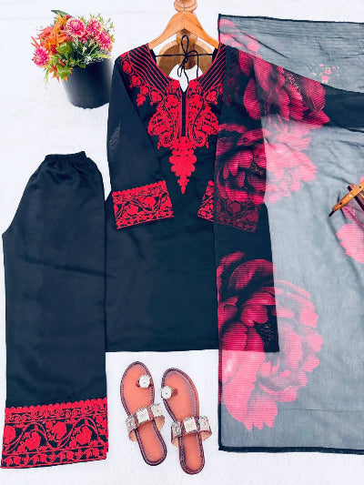 Black Red Embroidery Work Farshi Suit