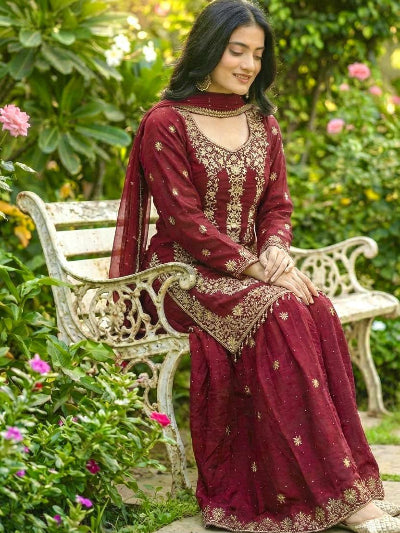 Maroon Gold Rich Embroidery Sequins Work Sharara Suit