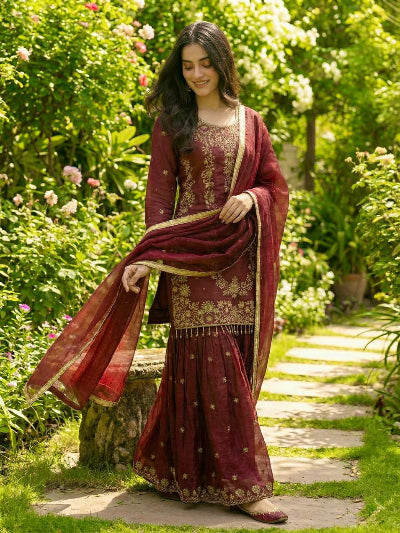 Maroon Gold Rich Embroidery Sequins Work Sharara Suit