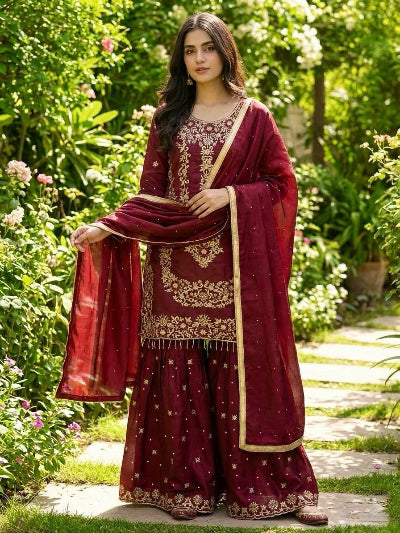 Maroon Gold Rich Embroidery Sequins Work Sharara Suit