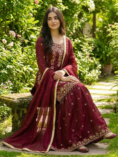 Maroon Gold Rich Embroidery Sequins Work Sharara Suit