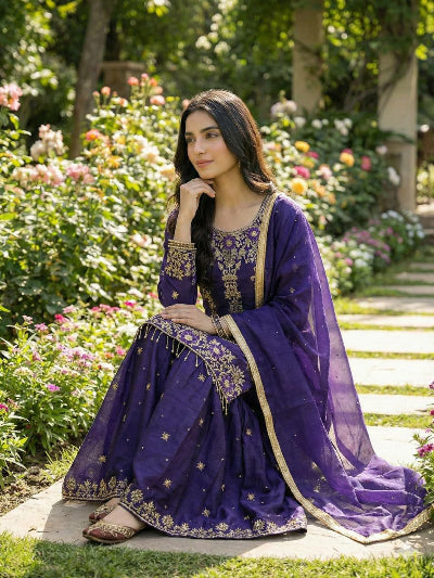 Royal Purple Gold Embroidery Sequins Work Sharara Suit
