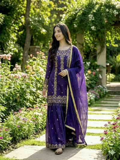Royal Purple Gold Embroidery Sequins Work Sharara Suit