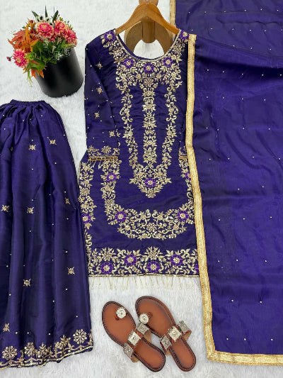 Royal Purple Gold Embroidery Sequins Work Sharara Suit