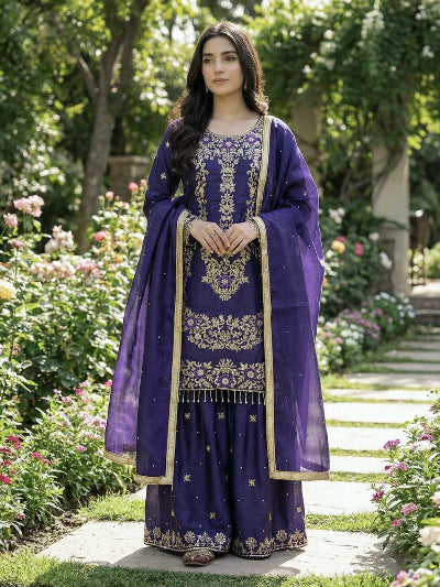 Royal Purple Gold Embroidery Sequins Work Sharara Suit
