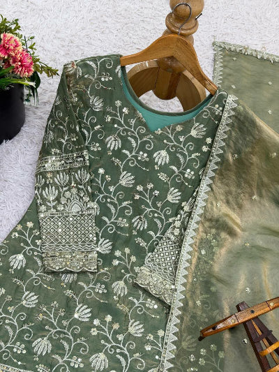 Pastel Olive Green Embroidery Work Gharara Suit