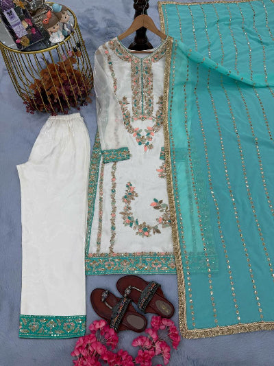 White & Seablue Embroidery Moti Work Straight Suit