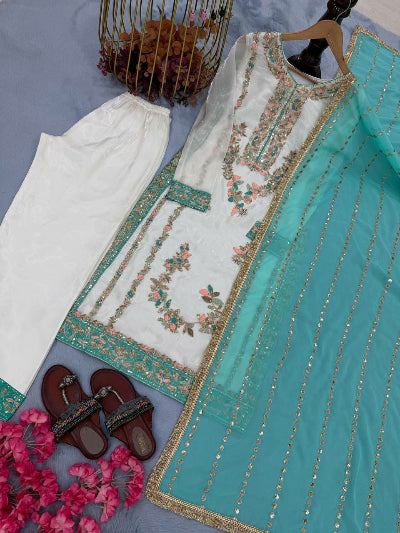 White & Seablue Embroidery Moti Work Straight Suit