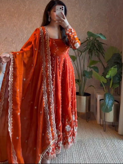 Festive Orange Embroidery Ethnic Anarkali Suit