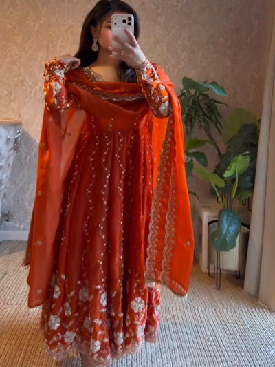 Festive Orange Embroidery Ethnic Anarkali Suit
