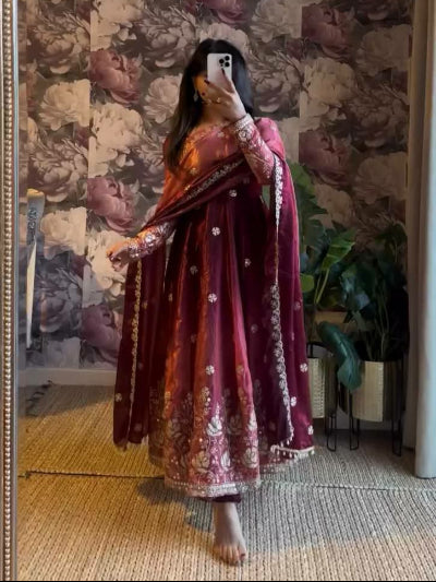 Mulberry Plum Chinon Silk Embroidery Anarkali Suit