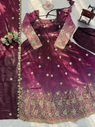 Mulberry Plum Chinon Silk Embroidery Anarkali Suit