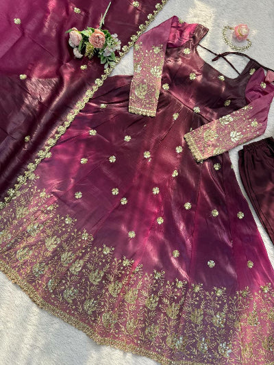 Mulberry Plum Chinon Silk Embroidery Anarkali Suit