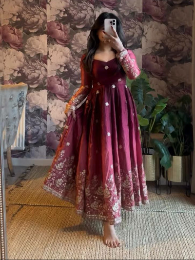 Mulberry Plum Chinon Silk Embroidery Anarkali Suit