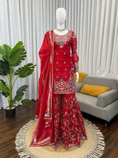 Stunning Red Embroidered Moti Work Gharara Set