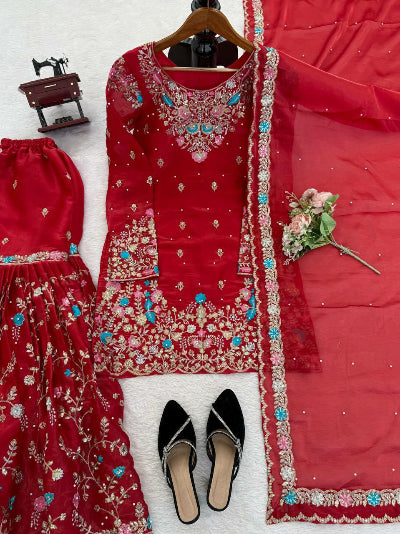 Stunning Red Embroidered Moti Work Gharara Set