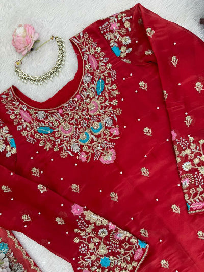 Stunning Red Embroidered Moti Work Gharara Set