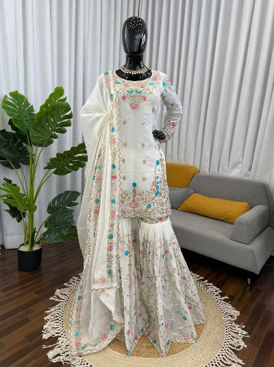 Ivory Cream Embroidered Moti Work Gharara Set