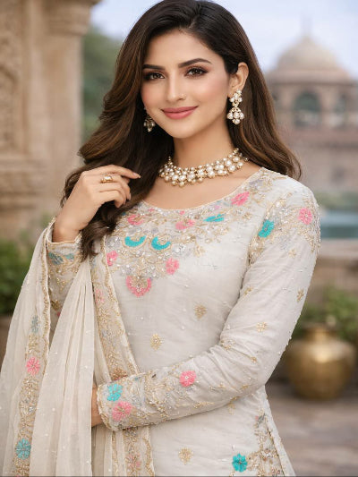 Ivory Cream Embroidered Moti Work Gharara Set