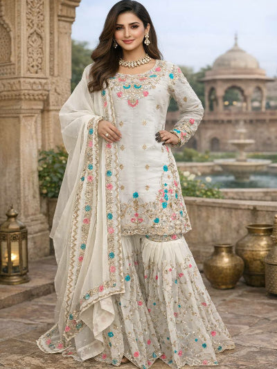 Ivory Cream Embroidered Moti Work Gharara Set