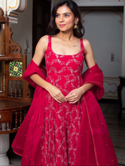 Rani Pink Georgette Thread Sequence Work Anarkali Suit