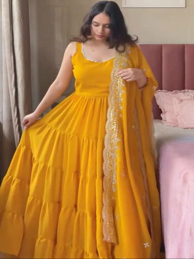 Haldi Yellow Georgette Flair Gown Dupatta Set Of 2 - BONYHUBSALWAR KAMEEZ
